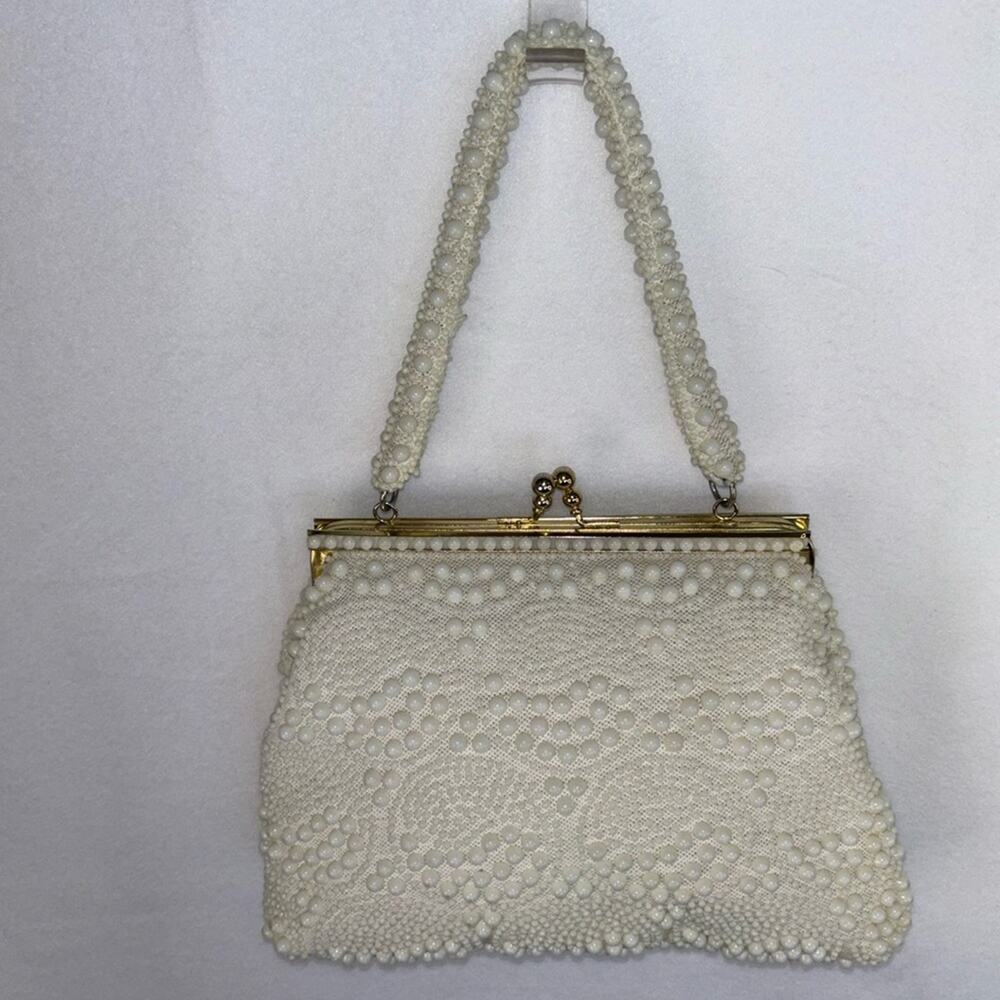 Vintage 1960s  White Beaded Handbag with Kiss Lock and Brass Hardware